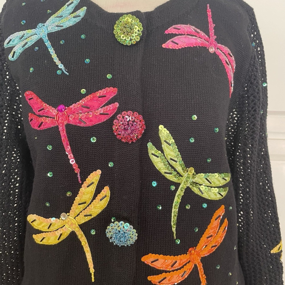 DESIGN OPTIONS Philip‎ & Jane Gordon Black Cardigan Sweater Sequin Dragonfly VTG - Picture 2 of 12